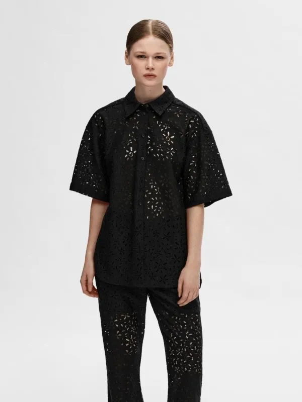 Selected Femme Zwarte kanten blouse met korte mauwen